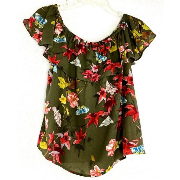 ANTHROPOLOGIE MAEVE Off Shoulder Top olive green colorful floral size XS - Picture 1 of 8